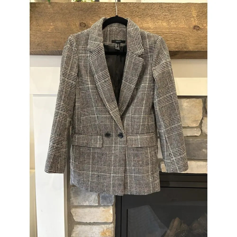 Wool Blazer Women’s S Plaid Double Breasted Knotched Oversized Academia Horse